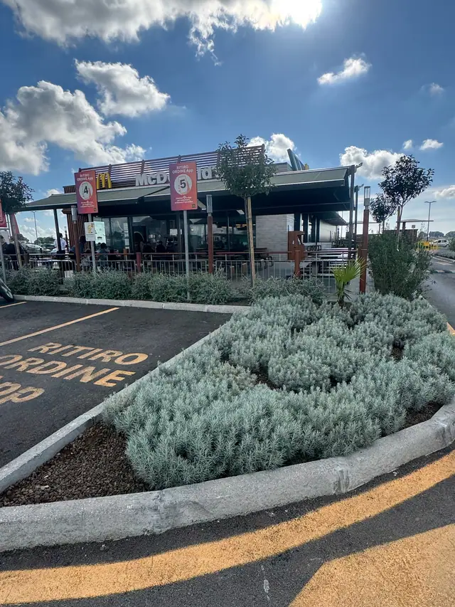 Aiuola con piante aromatiche nel parcheggio di un ristorante